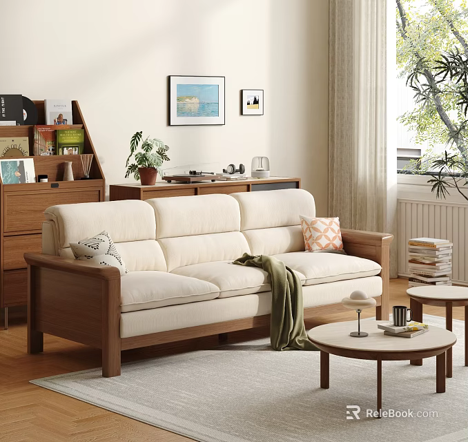 Solid Wood Beige Fabric Sofa And Round Coffee Table Set For Cozy Warm Living Space 3d model 