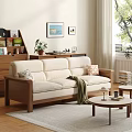 Solid Wood Beige Fabric Sofa And Round Coffee Table Set For Cozy Warm Living Space