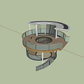 Modern Garden Landscape Featuring Circular Glass Wood Observation Structure With Lawn And Trees