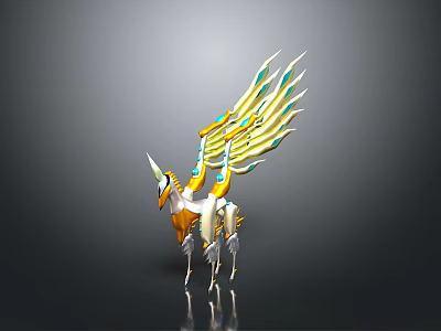 Winged Unicorn 3D Model With White Yellow Blue Golden Feathered Wings And Ornate Design 3d model
