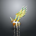Winged Unicorn 3D Model With White Yellow Blue Golden Feathered Wings And Ornate Design