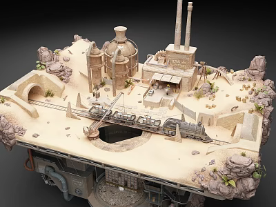 Industrial Model Scene With Factory Chimneys Train Tracks Sandy Ground And Rocks 3d model