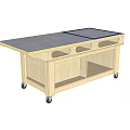 Industrial Equipment Workbench with Black Countertop Blue Borders White Cabinet Drawers and Wheels