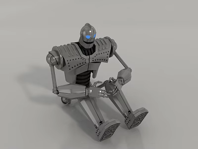 Silver Electric Toy Robot With Blue Eyes And Mechanical Joints In Sitting Pose 3d model