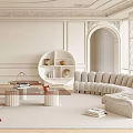 Luxurious Living Room Interior With Arched Windows Elegant Ceiling Moldings Curved Sofa And Black Chairs
