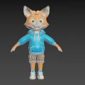 Cartoon Fox Character Wearing Blue Hoodie Khaki Shorts and White Sneakers with Happy Expression