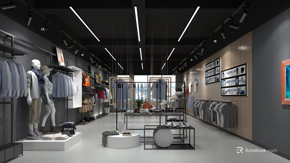 Modern Clothing Store Interior With Mannequins Displayed Clothes And Lighting Racks 3d model 