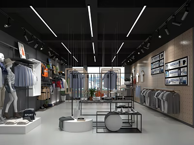 Modern Clothing Store Interior With Mannequins Displayed Clothes And Lighting Racks 3d model