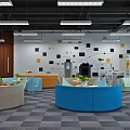 Modern Service Hall Interior With Blue Circular Sofas Orange Chairs Service Counters And Gray Carpet 3d model