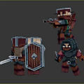 Pixelated Man Game Characters With Sword Shield Gun Arrows And Hooded Armor In Action Poses