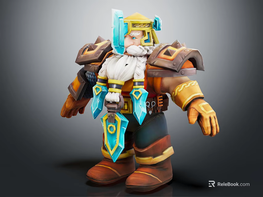 Dwarf Warrior Character With Blue Gold Armor Beard And Armored Design 3d model 