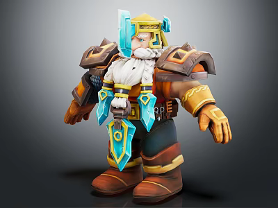Dwarf Warrior Character With Blue Gold Armor Beard And Armored Design 3d model