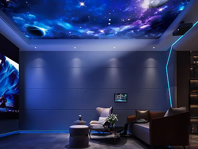 Home Theater With Starry Sky Ceiling Large Screen Comfortable Sofa And Modern Lighting 3d model