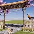 Rustic Entrance Gate with Thatched Roof Cherry Blossom Trees Stone Path Wooden Fence and Chickens