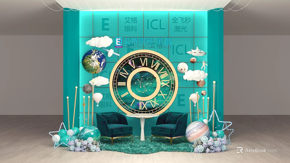 Blue Background Photo Check-in Spot With Large Clock Globe Cloud Decorations Planet Ornaments And Sofas 3d model 