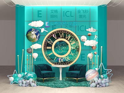 Blue Background Photo Check-in Spot With Large Clock Globe Cloud Decorations Planet Ornaments And Sofas 3d model