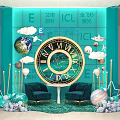 Blue Background Photo Check-in Spot With Large Clock Globe Cloud Decorations Planet Ornaments And Sofas