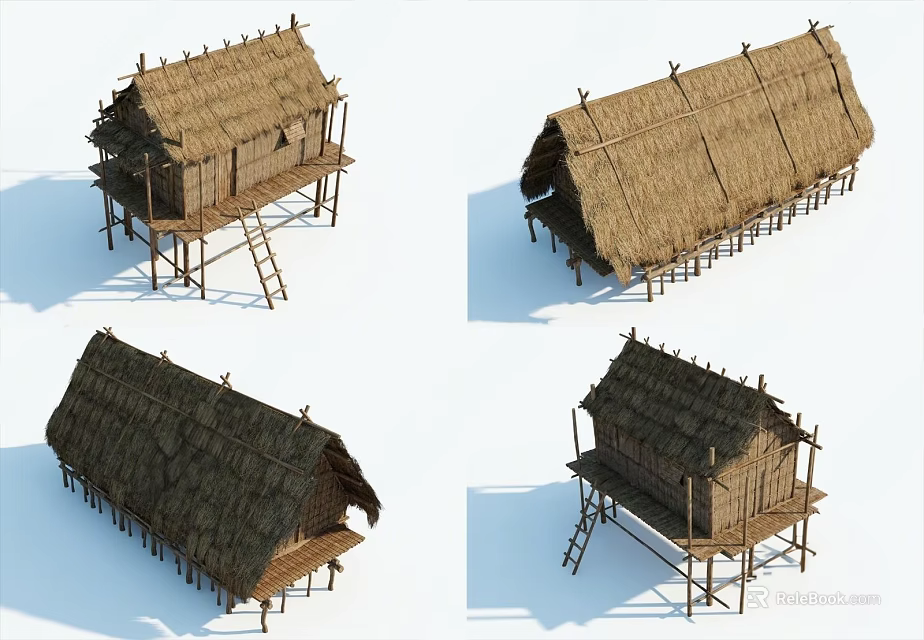 Traditional Stilted Wooden House with Rustic Thatched Roof and Wooden Frames 3d model 
