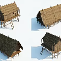 Traditional Stilted Wooden House with Rustic Thatched Roof and Wooden Frames