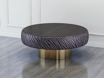 Elegant Round Coffee Table With Zebra Pattern Upholstery And Gold Metal Base Design 3d model