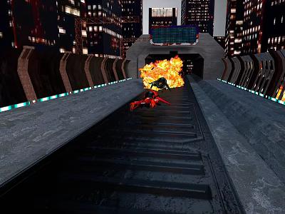 Urban City Architecture With Night View Tall Buildings Railway Track And Flames 3d model