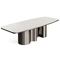 Modern Style Dining Table With Cylindrical Metal Base And Wood Grain Top Surface