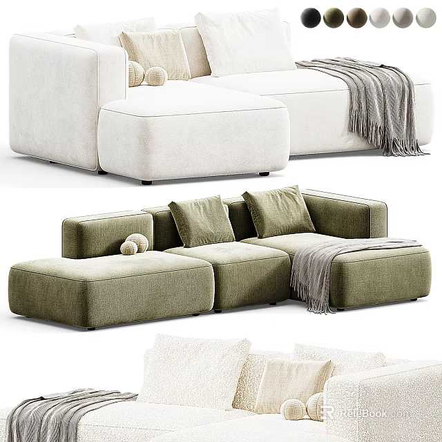 Modern Beige And Green Sectional Sofa With Pillows Throw Blanket Modular Design 3d model