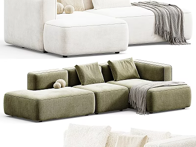 Modern Beige And Green Sectional Sofa With Pillows Throw Blanket Modular Design 3d model