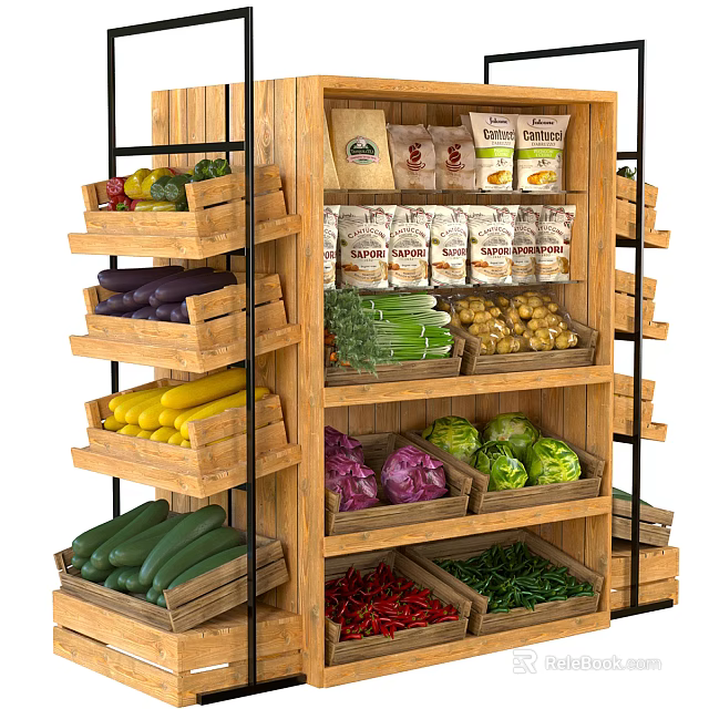 Wooden Display Shelf With Assorted Vegetables And Dry Goods 3d model