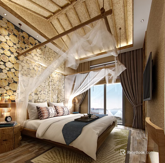 Modern Hotel Room Interior With Canopy Bed Wooden Wall And Floor to Ceiling Windows 3d model 