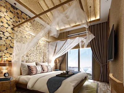 Modern Hotel Room Interior With Canopy Bed Wooden Wall And Floor to Ceiling Windows 3d model