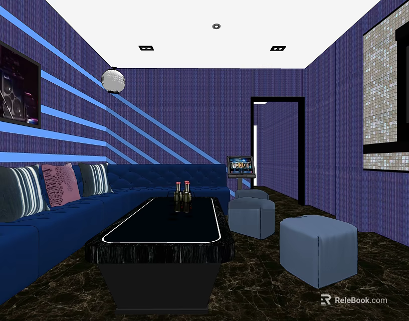 KTV Lounge Interior With Blue Sofa Black Coffee Table Purple Walls And Decorative Painting 3d model 