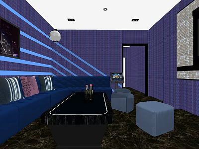 KTV Lounge Interior With Blue Sofa Black Coffee Table Purple Walls And Decorative Painting 3d model