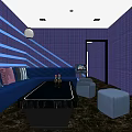 KTV Lounge Interior With Blue Sofa Black Coffee Table Purple Walls And Decorative Painting
