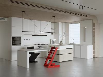 Modern Kitchen Interior With White Cabinets Island Counter Hanging Lights And Red Ladder 3d model