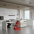 Modern Kitchen Interior With White Cabinets Island Counter Hanging Lights And Red Ladder