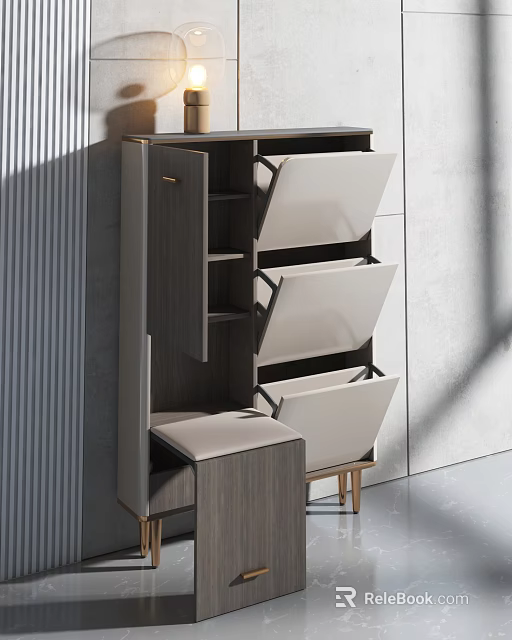 Modern Wooden Shoe Cabinet With Flip Down Doors Storage Drawers And Seat Stool 3d model 