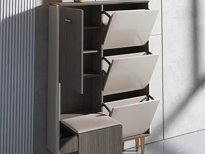 Modern Wooden Shoe Cabinet With Flip Down Doors Storage Drawers And Seat Stool 3d model