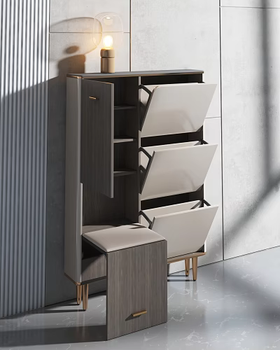 Modern Wooden Shoe Cabinet With Flip Down Doors Storage Drawers And Seat Stool 3d model