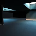 Modern Minimalist Interior Space With Skylights And Soft Lighting On Dark Walls