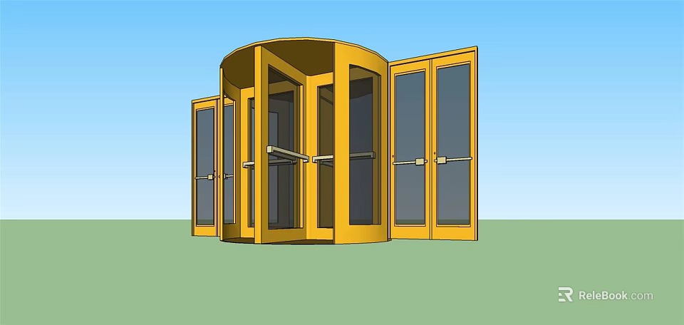 Yellow Revolving Door With Glass Panels And Metal Frame Entrance Structure 3d model 