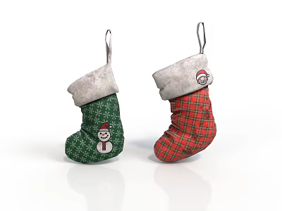 Festive Christmas Stockings With Green Snowflake Snowman Red Plaid Santa Claus Design White Fur Trim 3d model