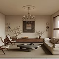 Modern Living Room With Beige Sofa Accent Chairs Coffee Table Chandelier And Decorative Mirror