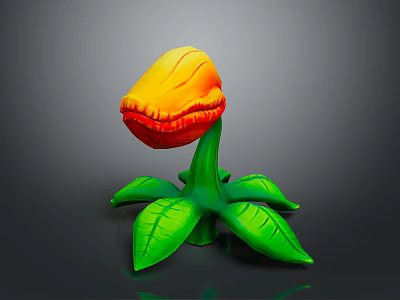 Vibrant Orange Red Flower Plant With Green Stem And Decorative Leaves Unique Design 3d model