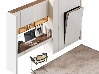 Modern Home Office Area With Built In Cabinets Desk Computer And Chair 3d model