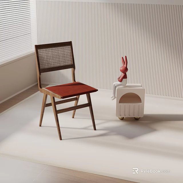 Wooden Accent Chair With Woven Backrest Red Cushion White Side Table And Red Rabbit Decor 3d model 