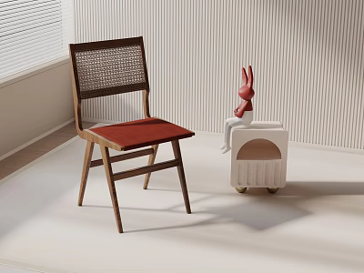 Wooden Accent Chair With Woven Backrest Red Cushion White Side Table And Red Rabbit Decor 3d model