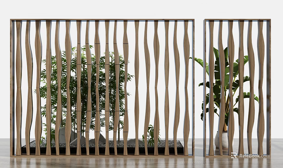 Wooden Room Divider With Wavy Slats And Indoor Plants For Interior Decor 3d model 