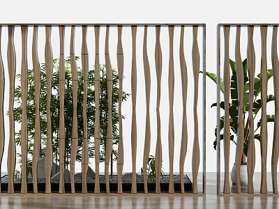 Wooden Room Divider With Wavy Slats And Indoor Plants For Interior Decor 3d model