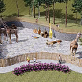 Scenic Park Landscape Featuring Giraffe Statues Animal Models Wooden Fence Trees and Children Playing